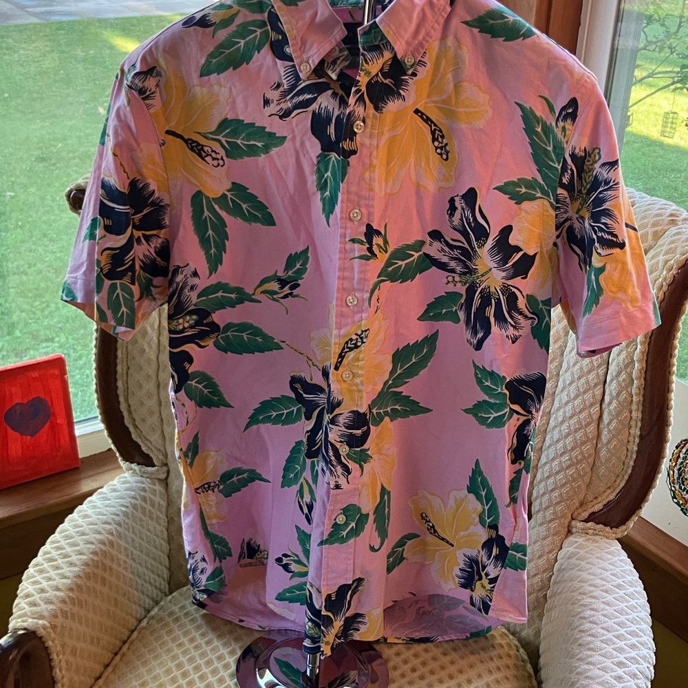 Polo Ralph Lauren Oxford Cloth Shirt Pink Hibiscus Hawaiian Style Print Medium